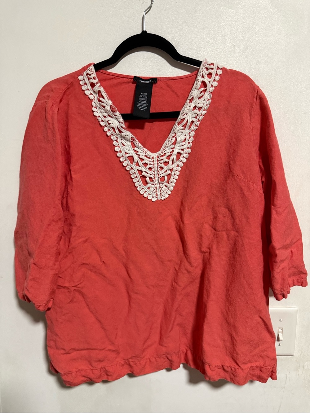 Premise Coral V-Neck Linen Tunic with White Crochet Trim